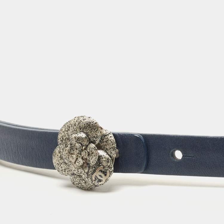 Pre Owned Chanel Blue Leather CC Camellia Buckle Reversible Slim Belt 85CM