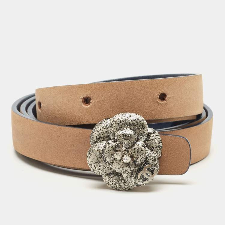 Pre Owned Chanel Blue Leather CC Camellia Buckle Reversible Slim Belt 85CM