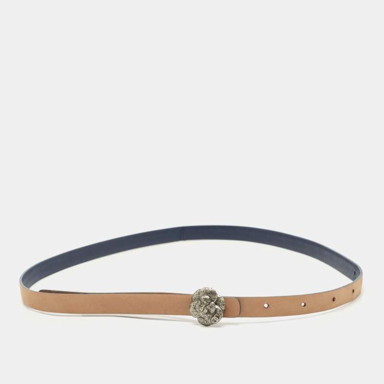 Pre Owned Chanel Blue Leather CC Camellia Buckle Reversible Slim Belt 85CM