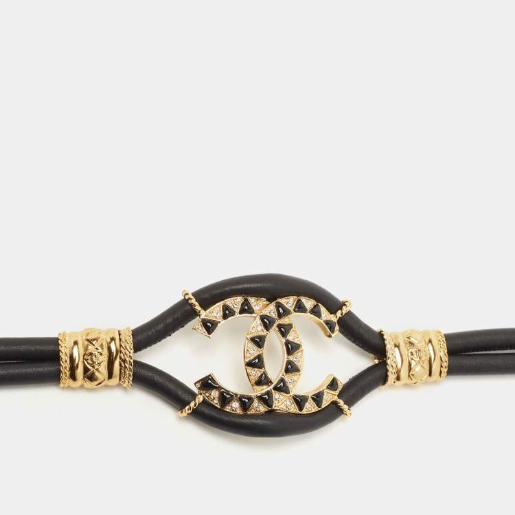 Pre Owned Chanel Black/Gold Leather CC Crystals Embellished Double Strap Waist Belt