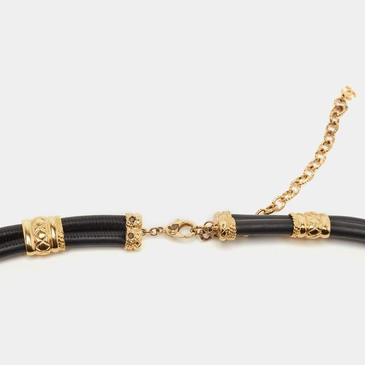 Pre Owned Chanel Black/Gold Leather CC Crystals Embellished Double Strap Waist Belt