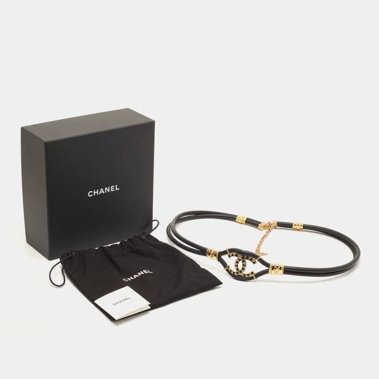 Pre Owned Chanel Black/Gold Leather CC Crystals Embellished Double Strap Waist Belt