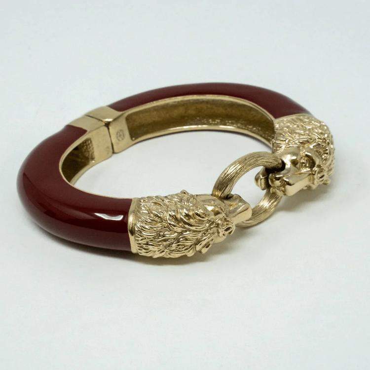 Pre Owned Chanel Burgundy Leo Lion Enamel Gold Metal Cuff Bracelet 16