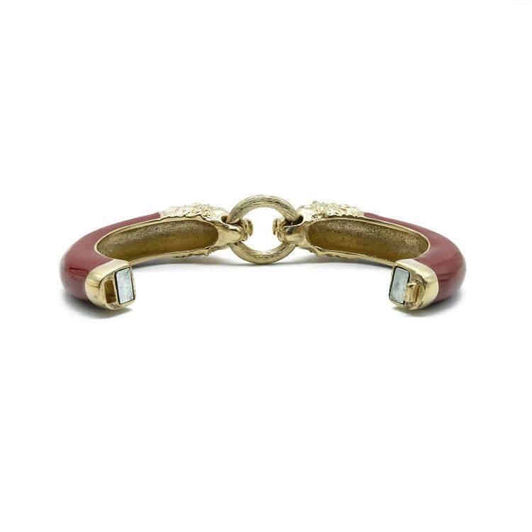 Pre Owned Chanel Burgundy Leo Lion Enamel Gold Metal Cuff Bracelet 16