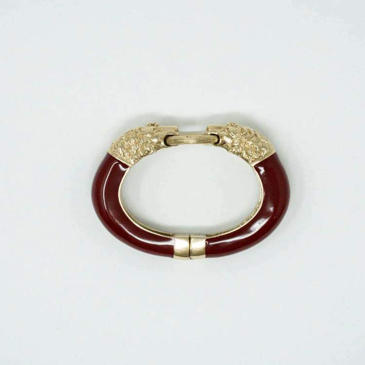 Pre Owned Chanel Burgundy Leo Lion Enamel Gold Metal Cuff Bracelet 16