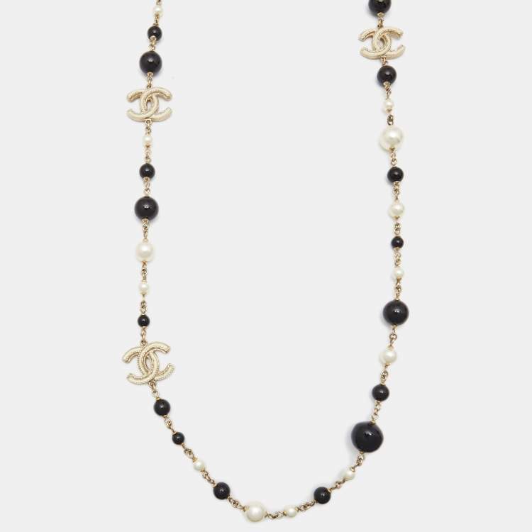 Chanel CC Faux Pearl Black Beads Gold Tone Long Necklace Chanel