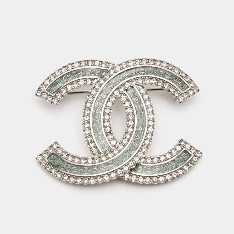 Chanel Silver CC Mint Enamel Corner Crystal Flower Brooch