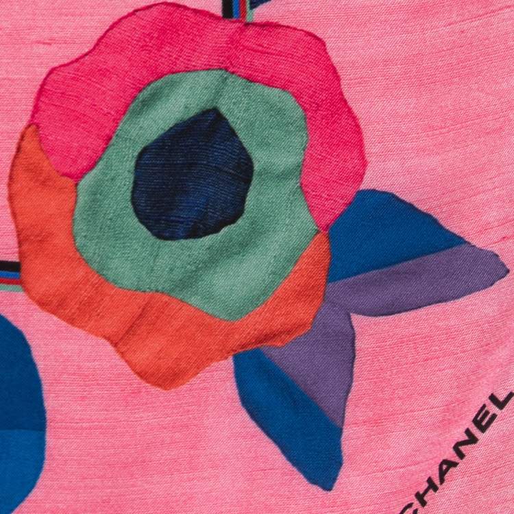 Pre Owned Chanel Pink Watercolor Logo Printed Silk Square Scarf