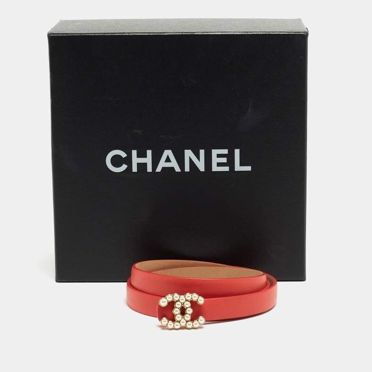 Pre Owned Chanel Coral Orange Leather CC Pearl Detail Belt 85CM
