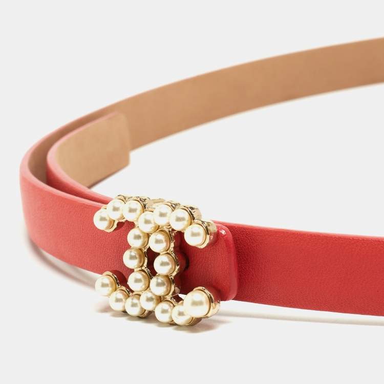 Pre Owned Chanel Coral Orange Leather CC Pearl Detail Belt 85CM