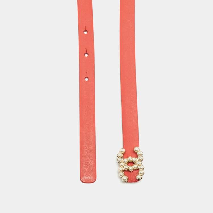 Pre Owned Chanel Coral Orange Leather CC Pearl Detail Belt 85CM