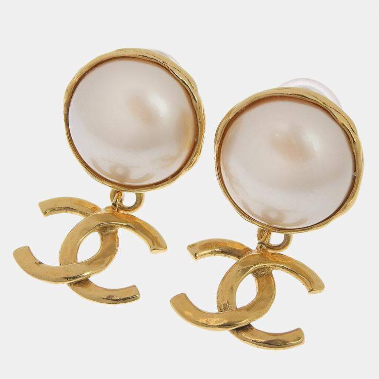 Chanel Gold Metal CC Faux Pearl Swing Earrings Earrings Chanel