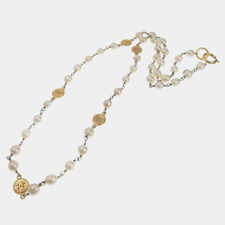 Chanel White Metal CC Faux Pearl Long Necklace Chanel