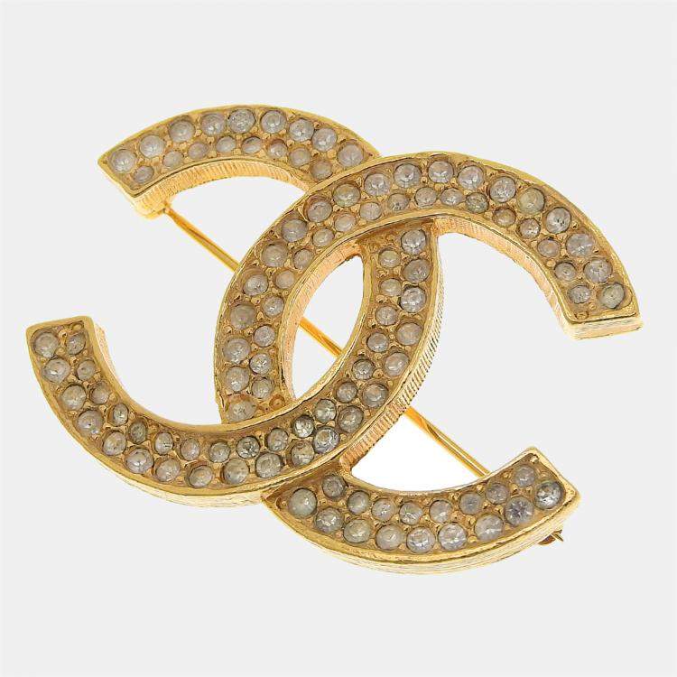 Chanel Gold Metal CC Logo Rhinestone Brooch Chanel