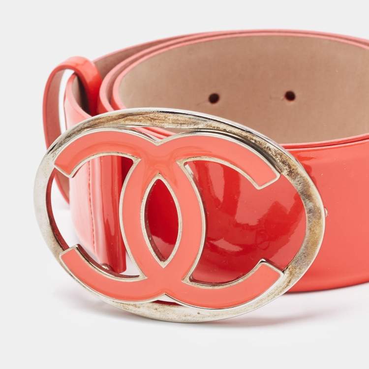 Pre Owned Chanel Orange Patent Leather CC Plaque Buckle Belt 75CM