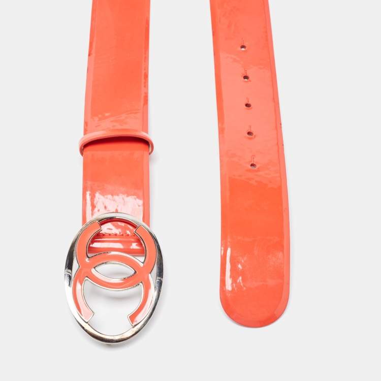 Pre Owned Chanel Orange Patent Leather CC Plaque Buckle Belt 75CM