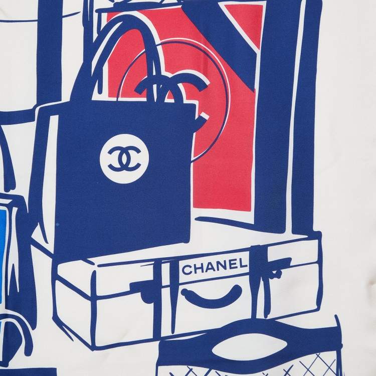 Pre Owned Chanel Cream Luggage Print Silk Square Scarf