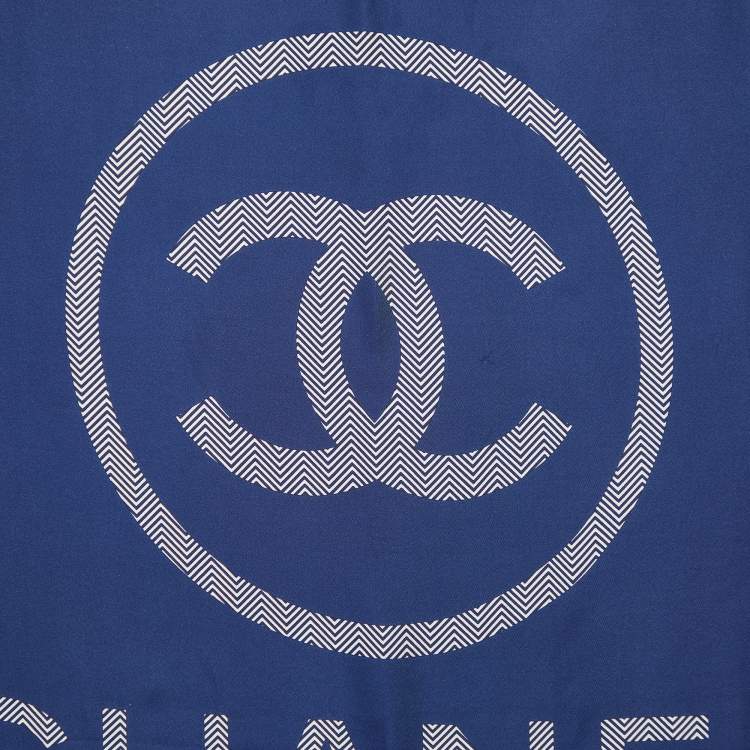 Pre Owned Chanel Navy Blue Zigzag Logo Print Silk Square Scarf