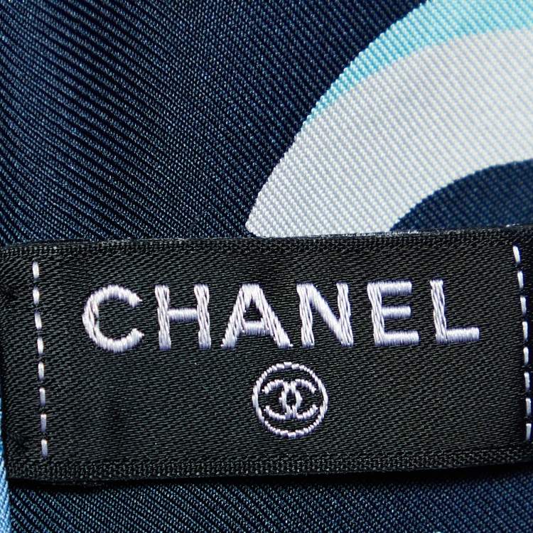 Pre Owned Chanel Navy Blue Logo Print Silk Scarf