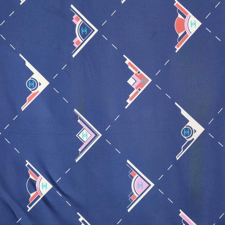 Pre Owned Chanel Navy Blue Geometric Logo Print Silk Scarf