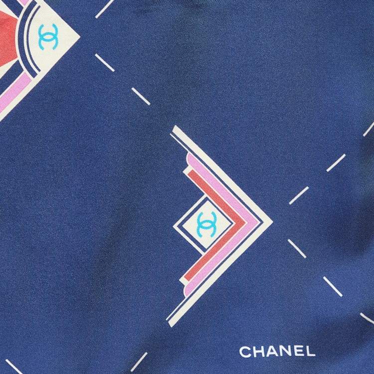 Pre Owned Chanel Navy Blue Geometric Logo Print Silk Scarf