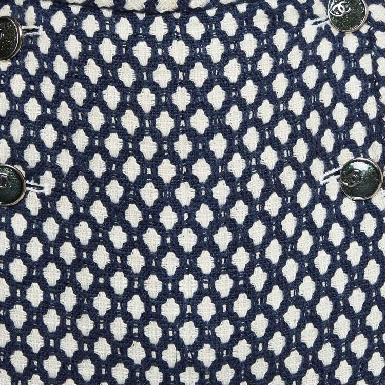 Pre Owned Chanel Navy Blue Patterned Tweed Blazer & Skirt Set L
