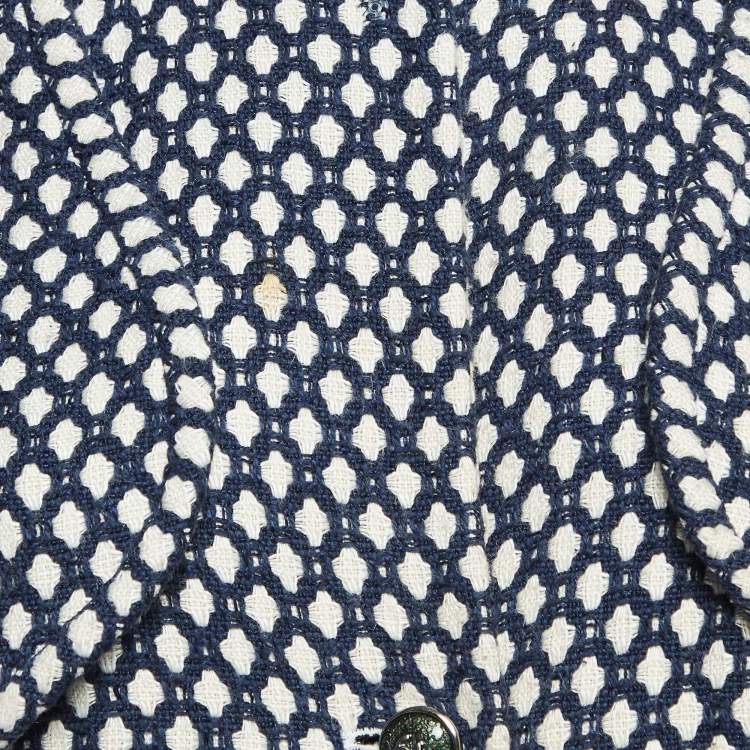 Pre Owned Chanel Navy Blue Patterned Tweed Blazer & Skirt Set L