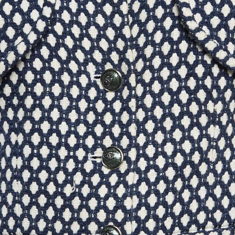 Pre Owned Chanel Navy Blue Patterned Tweed Blazer & Skirt Set L