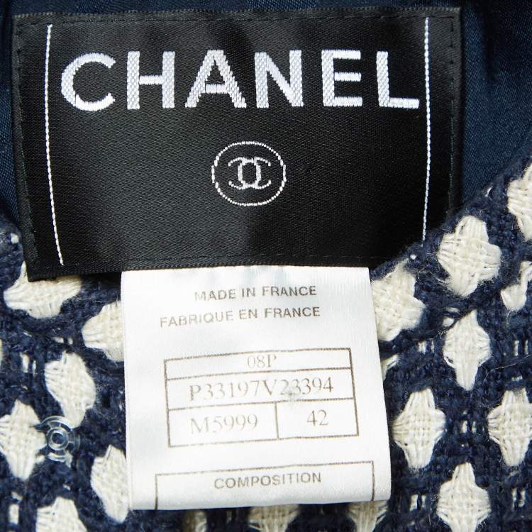 Pre Owned Chanel Navy Blue Patterned Tweed Blazer & Skirt Set L