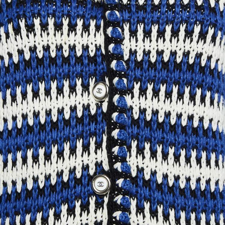 Pre Owned Chanel Blue Linen Rib Knit Button Front Jacket M