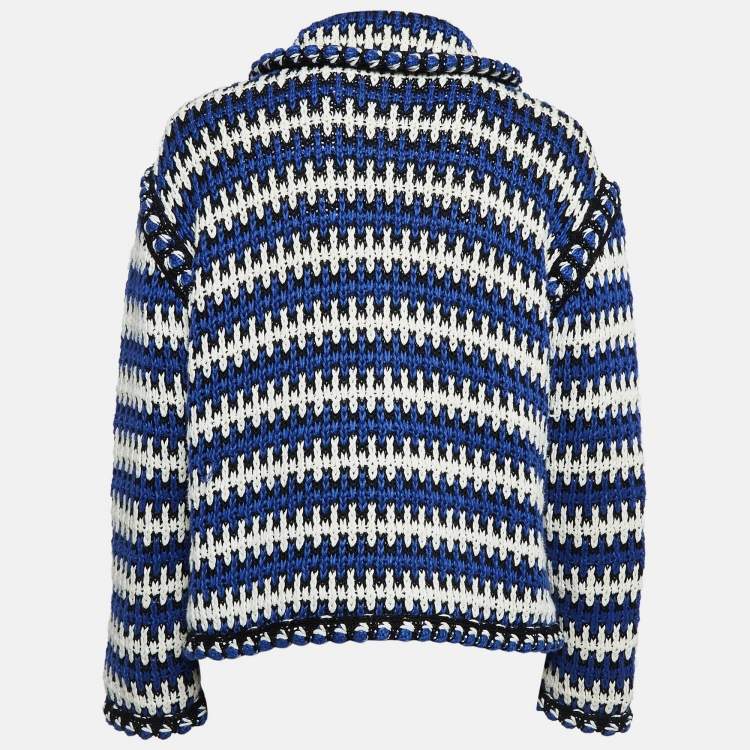 Pre Owned Chanel Blue Linen Rib Knit Button Front Jacket M