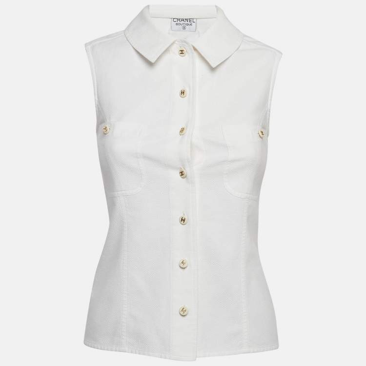 Pre Owned Chanel Boutique White Textured Cotton Sleeveless Shirt XS