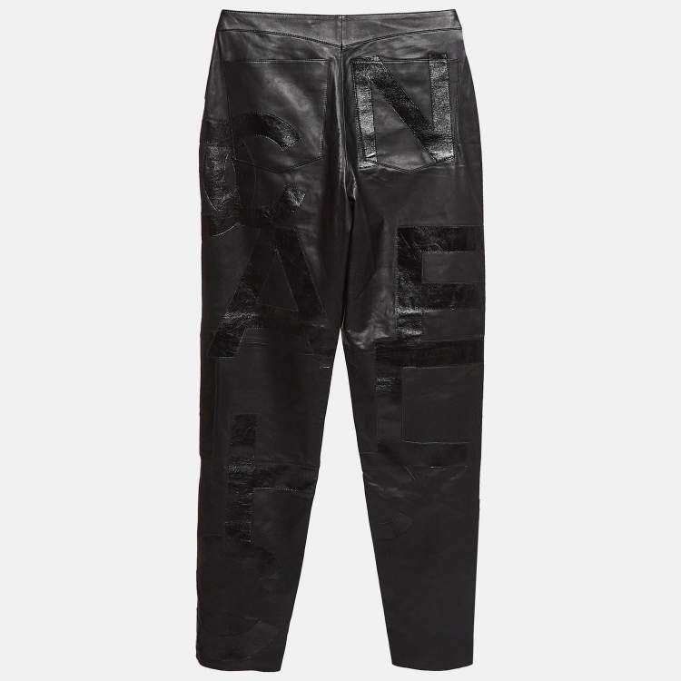 Pre Owned Chanel Black Leather Logo Patch Detail Pants S