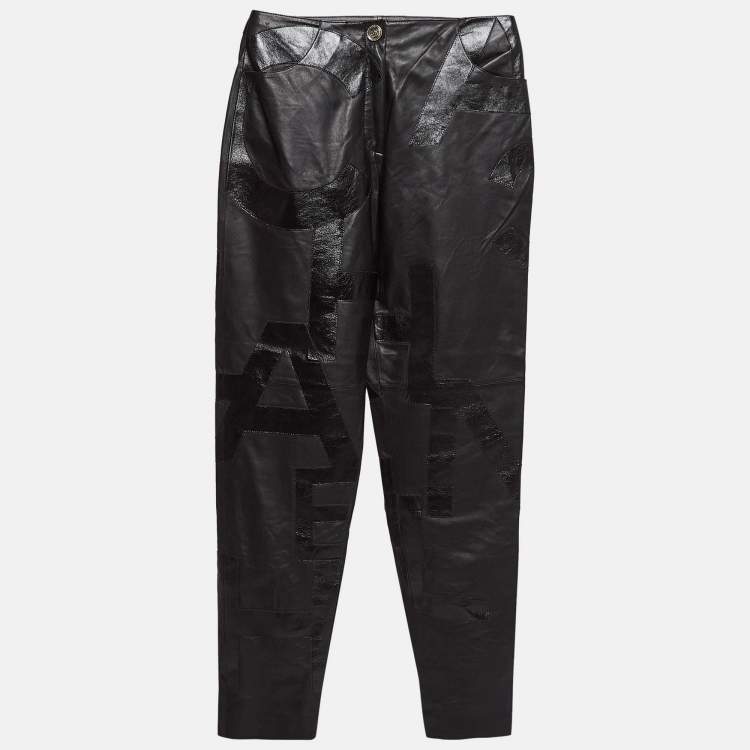 Pre Owned Chanel Black Leather Logo Patch Detail Pants S