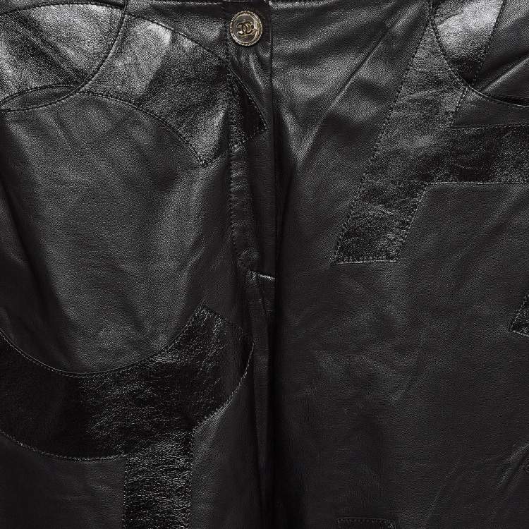 Pre Owned Chanel Black Leather Logo Patch Detail Pants S