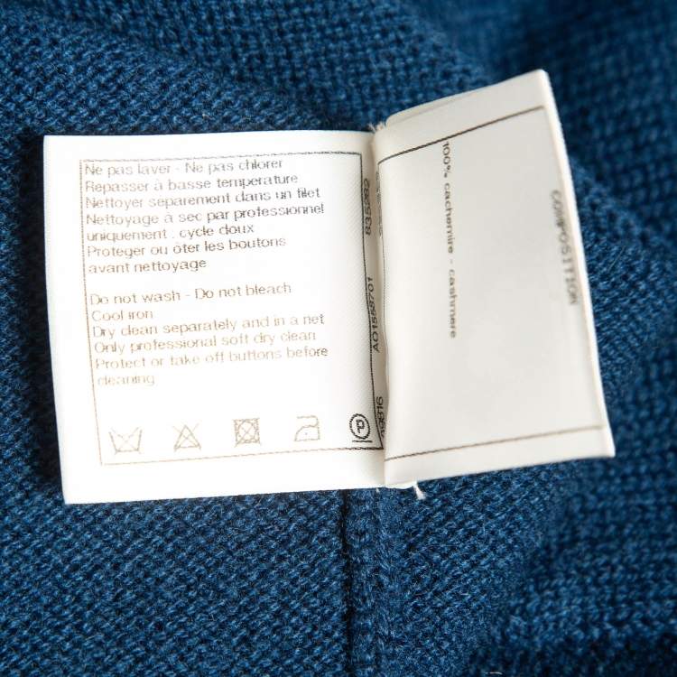 Pre Owned Chanel Blue Logo Patterned Cashmere Knit Cardigan M