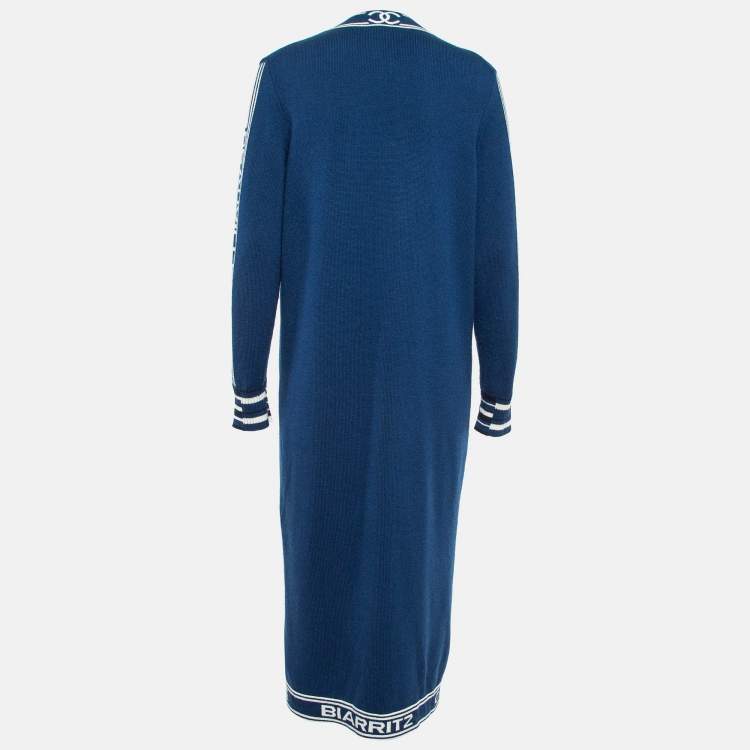 Pre Owned Chanel Blue Logo Patterned Cashmere Knit Cardigan M