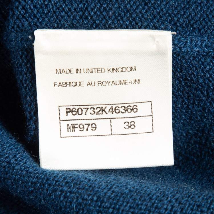 Pre Owned Chanel Blue Logo Patterned Cashmere Knit Cardigan M