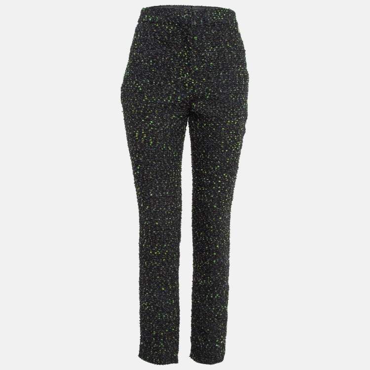 Pre Owned Chanel Black/Green Tweed Logo Badge Detail Trousers S