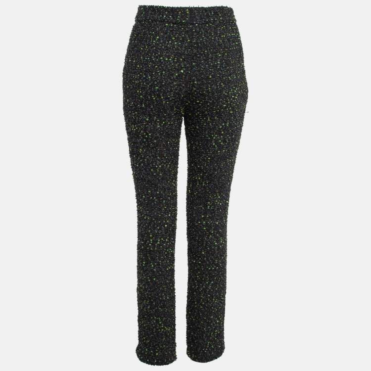 Pre Owned Chanel Black/Green Tweed Logo Badge Detail Trousers S