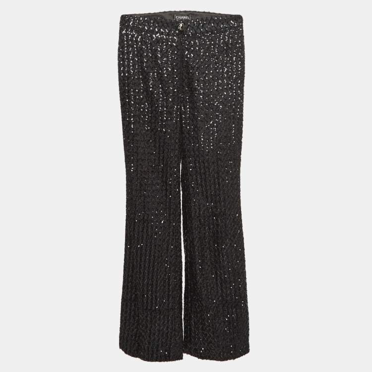 Pre Owned Chanel Black Sequin Silk Wide Leg Pants S