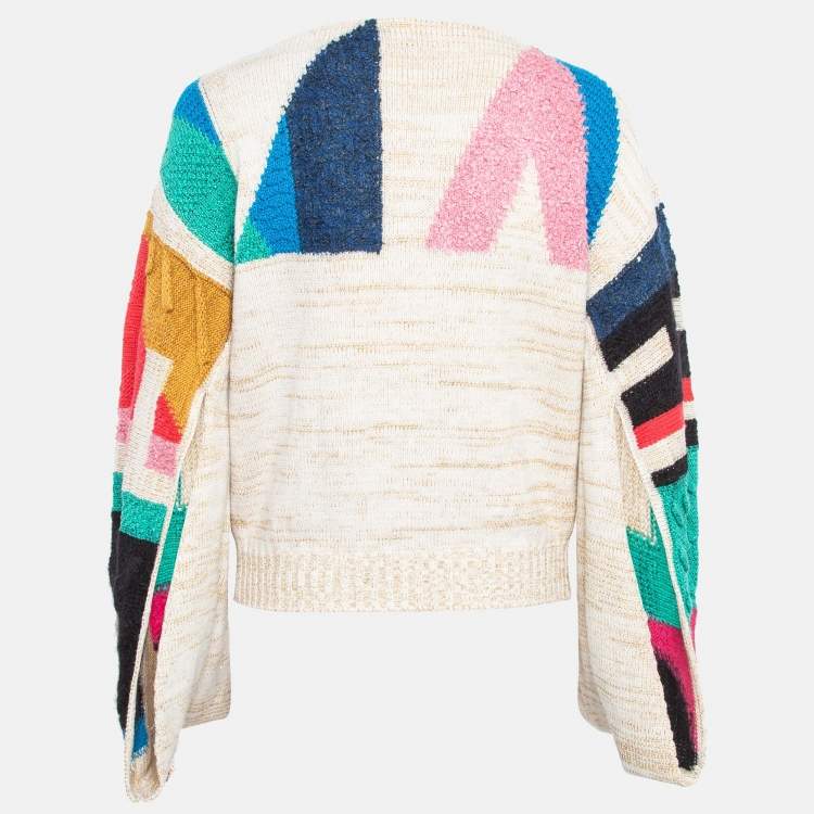 Pre Owned Chanel Multicolor Logo Intarsia Knit Cutout Sleeve Sweater S