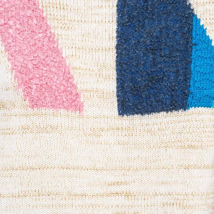 Pre Owned Chanel Multicolor Logo Intarsia Knit Cutout Sleeve Sweater S