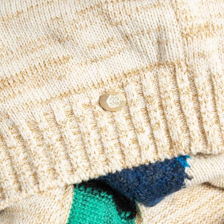Pre Owned Chanel Multicolor Logo Intarsia Knit Cutout Sleeve Sweater S