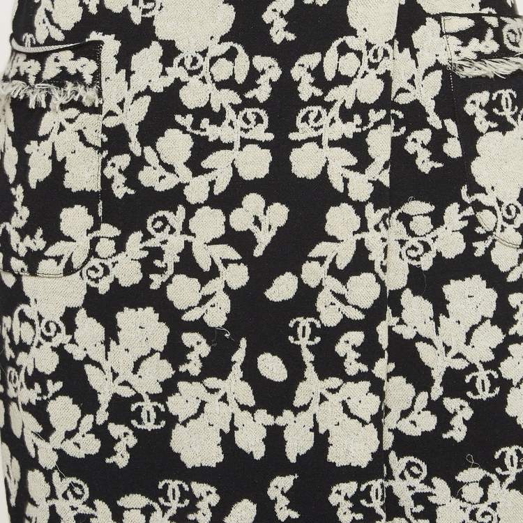 Pre Owned Chanel Black Floral Patterned Knit Midi Skirt S 