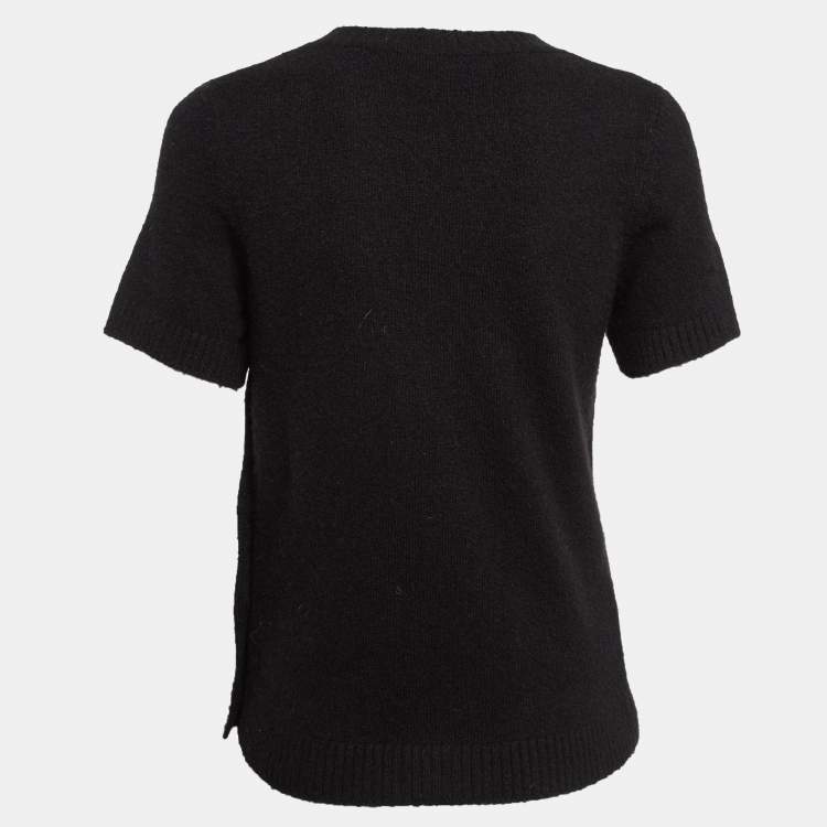 Pre Owned Chanel Black Cashmere Blend Pearl Button Detail Top M