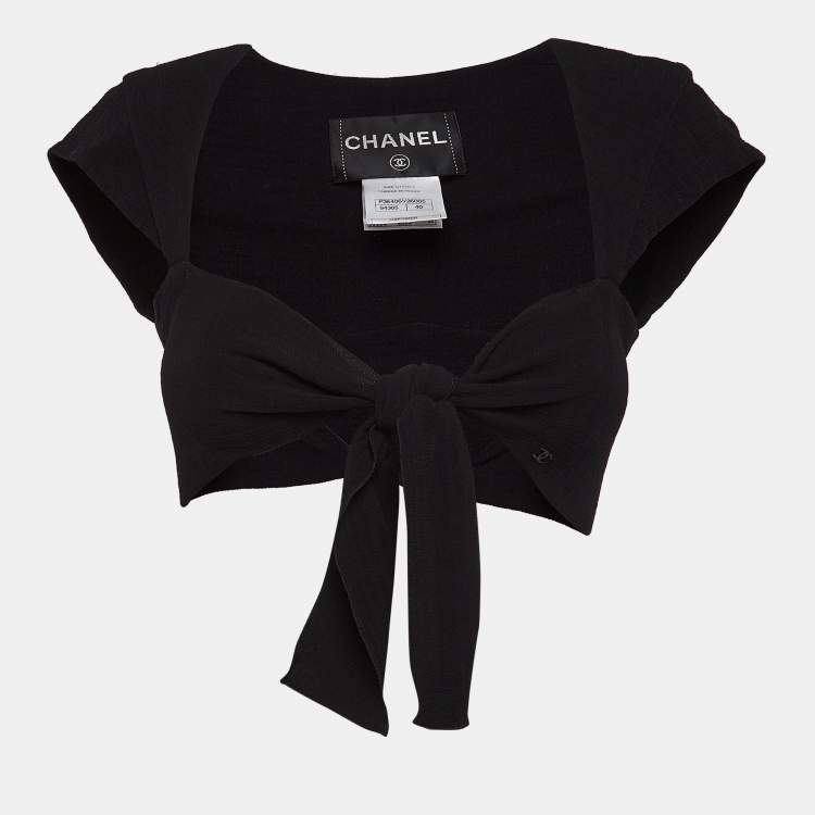 Pre Owned Chanel Black Textured Crepe Front Tie Detail Crop Top M