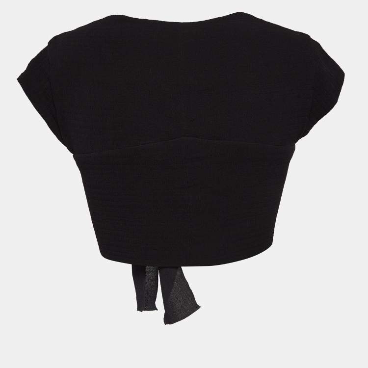 Pre Owned Chanel Black Textured Crepe Front Tie Detail Crop Top M
