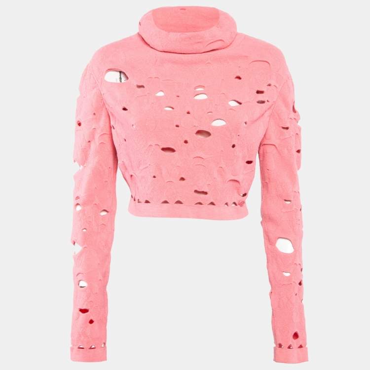 Pre Owned Chanel Pink Ripped Wool Blend Cara Delevingne Crop Sweatshirt M