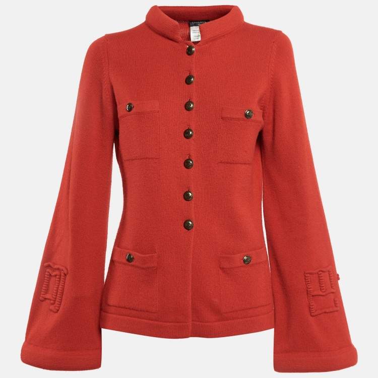 Pre Owned Chanel Red Cashmere Button Front Sleeve Detail Cardigan L